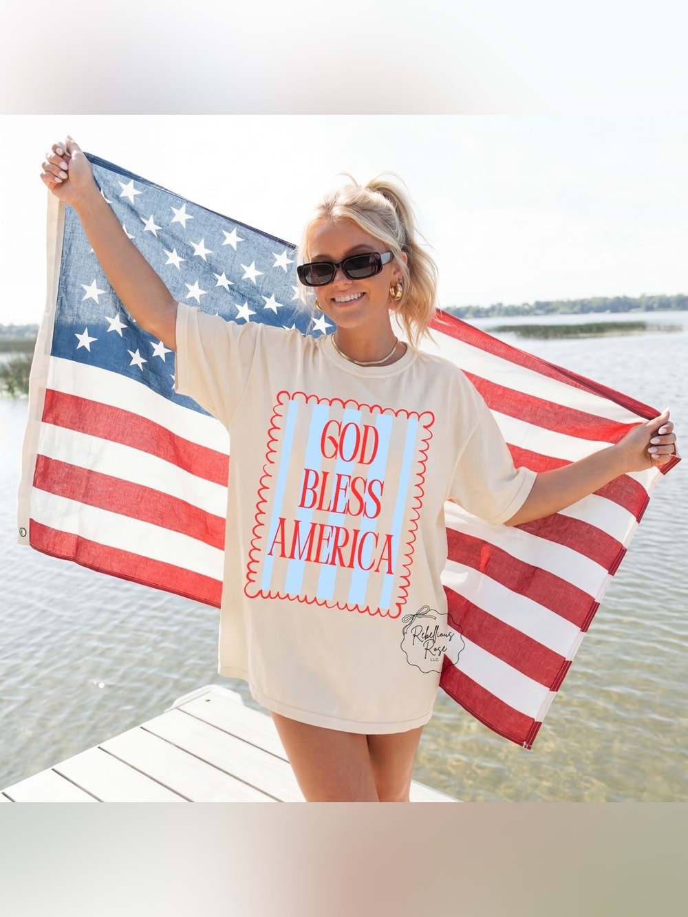 Rebellious Rose God Bless America Fourth of July Graphic T-shirt